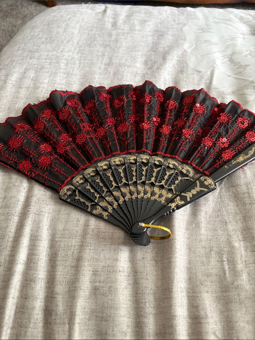 Elegant Black and Red Lace Folding Hand Fan. Purchased in Spain. Red Sequins